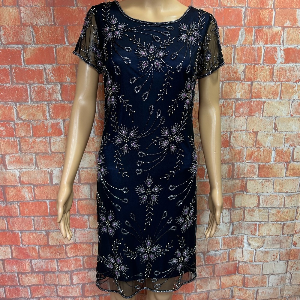 Prelude Beaded Embellished Shear Overlay Shift Dress